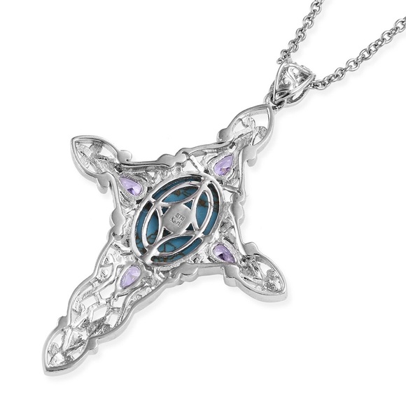 KARIS BLUE TURQUOISE PENDANT PLATINUM BONDED BRASS STAINLESS STEEL NECKLACE - Picture 4 of 6